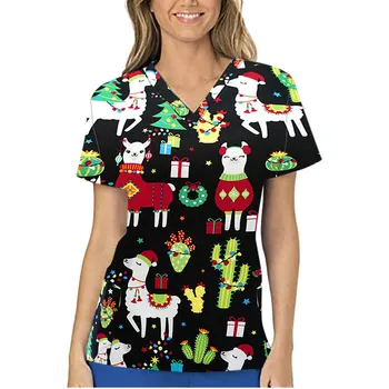 Kvinder kortærmet V-neck Tops for at Arbejde Ensartet Jul Top T-shirts kvinder kortærmet camisetas para mujer E1