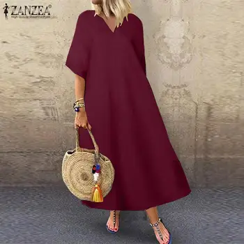 2021 Sommer Lange Maxi-Kjoler, ZANZEA Kjole Kvinder Vintage Bomuld Vestidos Kaftan Robe Plus Size Femme 3/4 Ærme Tunika Sundress