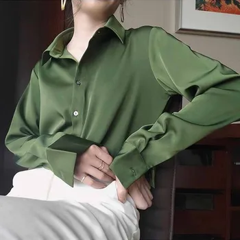 Silke Koreanske Kontor Damer Elegant Skjorte Bluse Kvindelige Løs Langærmet Toppe Avocado Grøn Skjorte, Vintage Tøj Kvinder 12610