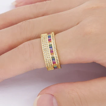 Luksus Boho Rainbow Cubic Zirconia Ring Til Kæreste Charme Ringe, Guld Farve Kobber CZ Crystal Kvinders Engagement Bryllup Smykker