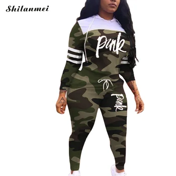 Camouflage Plus Size To Delt Sæt Træningsdragt Kvinder Langærmet Pink Brev Print-Toppe Og Bukser Casual Streetwear Tøj 2020