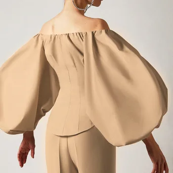 2020 Efteråret Vintage Blusas Elegante Slanke Boble Lanterne Ærme Skulder-manglende Kvinder Skjorte Bomuld Bluse Shirts Top Топ