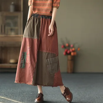Antal LuLu Kinesisk Stil Foråret Dame Denim Patchwork Nederdel Damer Elastisk Lange Nederdele Kvindelige Elegante Vintage Tøj Plus Størrelse