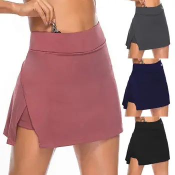 2020 Kvinder Sport Shorts Sexede Mini Nederdel Uregelmæssige Spaltning Hem Falske To Stykke Elastisk Forhindre Overeksponering Plus Størrelse