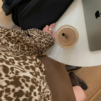 Kvinder Bluser Leopard Afslappet Tur-down Krave Løs koreansk Stil Kvindelige Skjorter Knap Op-Mode Oversize Efteråret Toppe Enkel INS