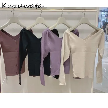 Kuzuwata Nye Mode Simpel V-hals, Ryg-Strikket Toppe Vintage Elegante Puff Ærmer Cardigans Solid Farve Kvinder Trøjer