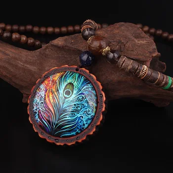 Nepal smykker håndlavet sandeltræ lang sweater vintage smykker halskæde,Nye design, mode påfugl fjer etniske halskæde