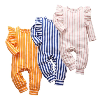 Nyfødte Baby Pige Tøj Spædbarn RomperFall Bomuld Farve Stribe Flæsekanter Design Buksedragt Ny Født Barn Udstyr