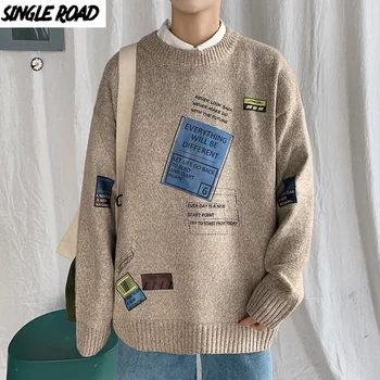 SingleRoad Herre Strikket Sweater Mænd 2020 Vinter Trykt Harajuku Jumper Koreanske Overdimensionerede Hip Hop Pullover Belted Sweater Mænd
