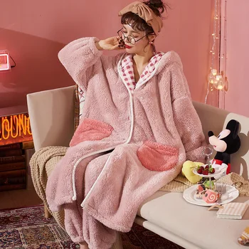 NIGHTWA Nye Bløde pyjamas sæt Kåbe for Kvinde vinter varm Homerobe Bukser Nat Robe Mode Stil Afslappet Lomme Kvinde Tøj Kimon