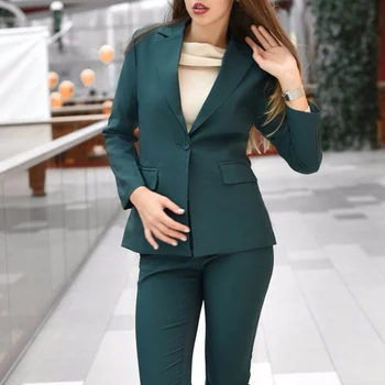 Grøn Mode 2019 Kvinder Blyant Bukser Passer Til 2 Delt Sæt Solid Blazer & Bukser Kontor Dame Takkede Jakke Kvindelige Passer Høj Kvalitet