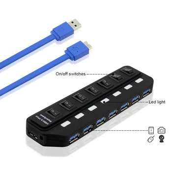 7 Ports USB-Hub 3.0 High Speed med EU/USA/UK/AU-Power Adapter Multi Splitter On/Off Switch til Computer-Bærbar computer