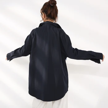 [EAM] Kvinder Kontrast Farve Stor Størrelse Bluse Nye Revers Lange Ærmer i Loose Fit Skjorte Mode Tidevand Foråret Efteråret 2021 1DB90209