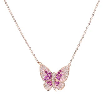 Rose guld, fyldt rød zirkonia sommerfugl halskæde smykker geometri cz butterfly 41+5 cm kæde halskæder