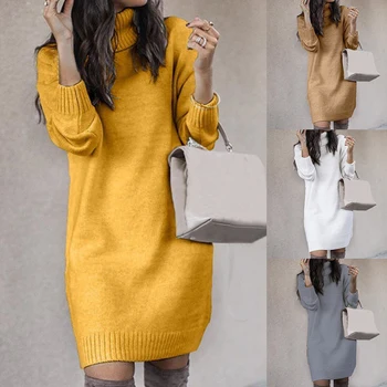 Korea Stil Kvinder ensfarvet langærmet Rullekrave Casual Løs Strikket Sweater Kjole Afslappet Varmt Efterår Kvinder Sweater