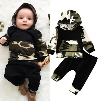 Spring Fashion Black Cool Camo Småbørn, Børn, Spædbørn Baby Drenge Tøj med Lange Ærmer Hætteklædte Tøj Sæt Til Nyfødte Børn 0-3T