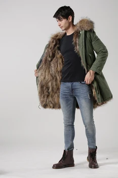 Ægte ræv pels foret naturlige farver med en ægte vaskebjørn pels hætte,unisex anorak jakke