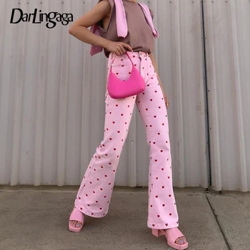 Darlingaga Vintage Sød Pink Y2K Flare Pants Kvinders Hjerte Print Mode Lange Bukser Damer Høj Talje Bukser Nye Femme Pantalon