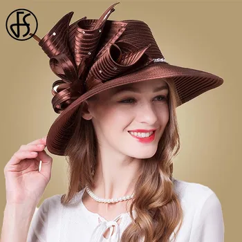 FS Brun Rose Fedora Hat Sommeren Stor Randen solhatte Fascinators For Kvinder Elegante kirke Bryllup Part Kentucky Derby Skipper Hat
