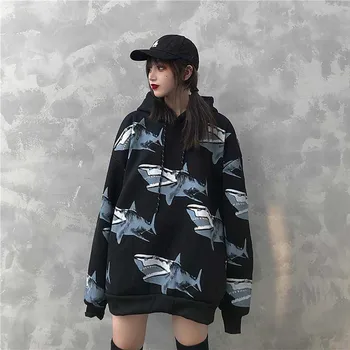 Kvindelige vinter 2019 nye mode ins haj print Harajuku løs afslappet plus velvet retro hip hop jakke jakke, hættetrøje swea