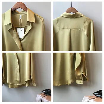 2021 Foråret Kvinder Mode Lange Ærmer Satin Bluse Vintage Femme V Hals Street Shirts Elegante Efterligning Silke Bluse 5273 50