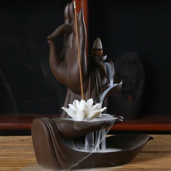 Keramisk Vandfald Tilbagestrømning Røgelse Brænder Incenser Stick Hjem Dekoration Aromaterapi Ornament ,Lotus Hånd &Buddha Design