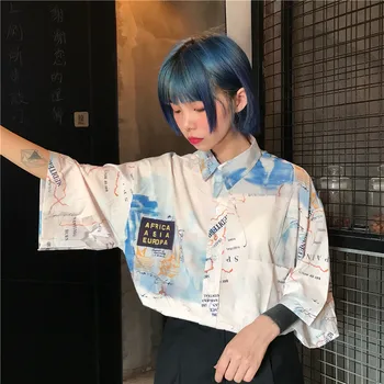2019 Nye Harajuku Bf Koreanske Kvinder Shirt Trykt Løs Half Sleeve Turn Down Krave Top Bluse Casual Streetwear Kvindelige Skjorter