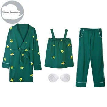 Foråret Efteråret Bomuld 3 delt sæt, Elegant Kvinders Pyjamas Sæt Kvindelige Nattøj Dame Nattøj Grøn Stue Homewear Mode