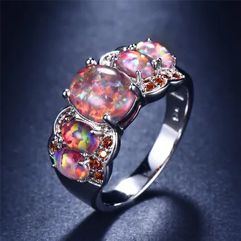 925 Sterling Sølv Luksus Stor Oval Sten Blå Grøn Hvid Ild Opal Ringe Til Kvinder Crystal Rainbow Birthstone Ring Smykker