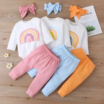 2020 Ny Nyfødte Baby Pige Tøj Sæt Rainbow Sparkedragt+Bukser+Pandebånd Fashionable Sød Outfit 3stk