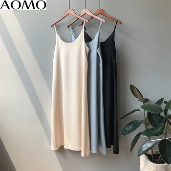 AOMO kvinder silke midi kjole rem justere ærmeløs 2020 sommeren dame elegante kjoler af høj kvalitet ASF03A
