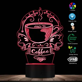 Tilpasset Og Logo Dekorativ Belysning Farverige Kunst Og House Business Tegn Koffein Cafe Logo 3D Led Nat Lys Gave