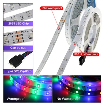 LED Strip Light RGB 5050 SMD 2835 Fleksibel Neon Bånd 10m 15m 20m LED Strip RGB-12V LED Lys med Bluetooth Musik Controller