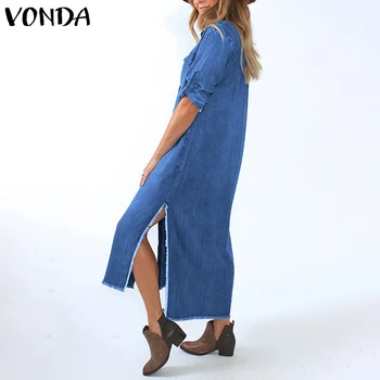 Afslappet langærmet Demin Kjole 2021 VONDA Vintage Solid Kaftan Kjole Stilfulde Kvinder Efteråret Sundress Maxi Vestido Robe Plus Størrelse