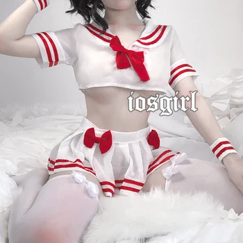 Sexet Anime Cosplay Costume-Studerende Sailor Uniform Kawaii Gennemsigtig Lolita Top Nederdel Og Trusse Erotisk Rollespil Stuepige Outfit