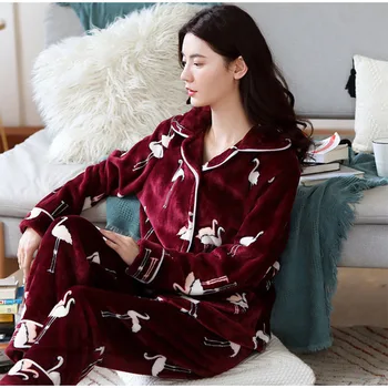 Vinteren Flannel Turn Down Krave Lange Ærmer Kvinder Pyjamas Sæt Lommer Varme Bløde Kvindelige Homewear Efteråret Casual Løs Lounge Sæt