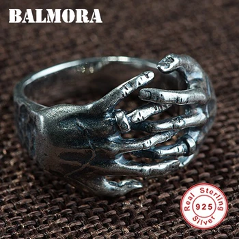 BALMORA Ægte 925 Sterling Sølv Finger Skelet Resizable Ringe til Mænd Thai Sølv Retro Mode Smykker Anillos SY22315