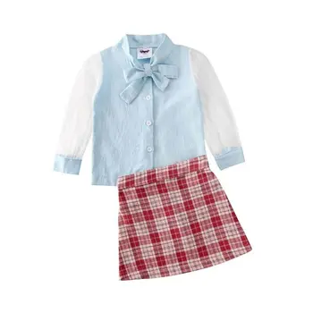 Pudcoco OS Lager 2-7 År 2STK Toddler Baby Girl Fashion Tøj Sæt Denim Top T-shirt Plaid Nederdel Barn, Udstyr, Tøj Sæt