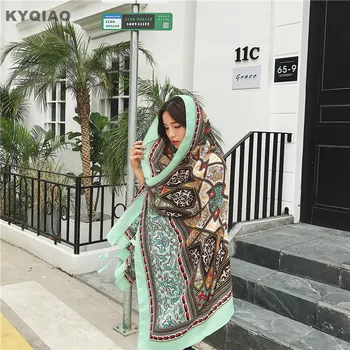 KYQIAO Boho hoved tørklæde 2020 kvinder efterår og vinter Spanien stil boheme etniske lang, grøn print tørklæde lyddæmper cape sjal