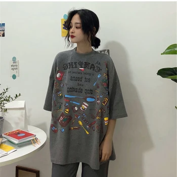T-Shirts Kvinder Harajuku BF Løs Graffiti Hot Salg Trendy Kvinders Simple koreanske Stil Daglige O-hals Trykt Hunner Fritid 2020