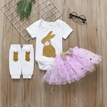 Toddler Spædbarn Baby Pige 3stk Påske Bunny Sæt Toppe Romper Tutu Nederdel Sokker Outfit Sat til 0-24M