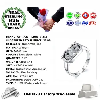 OMHXZJ Engros Europæiske Mode Kvinde Mand Bryllup Part Gave Sølv Sort Hvid Ugle AAA Zircon Taiyin Ring RR316