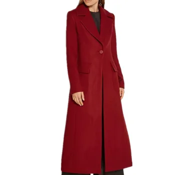 Lang Uld frakke Kvinder Rød Revers Slank Tykkere Varm Uld Blanding frakke 2020 Efterår og Vinter Nye Mode Enkelt Knap Overtøj Kvindelige