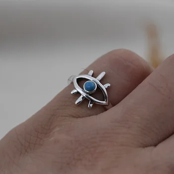 S925 Sterling Sølv Ring for Kvinder Vintage Retro Simple Mode Kvinders Kreative Øjne Turkise Ring Smykker