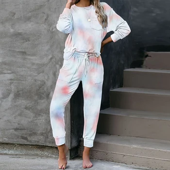 2020 Efterår og Vinter Loungewear Kvinder Pyjamas Sæt Tie-dye Hjem Bære Lounge Sæt Homewear Kvinder med Lange Ærmer Lounge Wear Nattøj