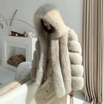 Rf1991B Vinter Mode Fox Fur jakke med Stor Hætte Super Varm Ægte Læder Kvindes Ægte Pels Jakke