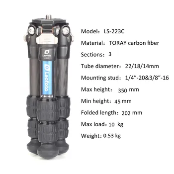 LS-223C Mini-Carbon-Fiber Stativ, Lette Bærbare Rejse Kompakt 3 Sektioner DSLR-Stativ til Canon Nikon Sony Kamera
