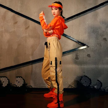 Hip Hop Kostumer til Voksne Orange Hætte Top Mode Overalls, Bukser Kvinder Street Dance Tøj Jazz Scenen Bære Rave Outfit DT1748