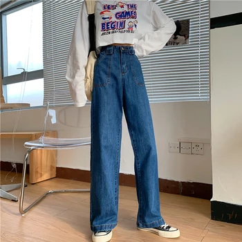 Casual Høj Talje Jeans Kvinder Løs Streetwear Denim Bukser Vintage Lange Brede Ben Jeans Bukser Kvindelige Bukser, Capris 2020