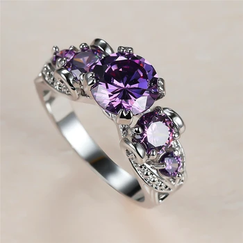 Vintage Kvindelige Lilla Krystal Sten Classic Ring I Sølv Farve Vielsesringe For Kvinder Luksus Brud Runde Zircon Engagement Ring